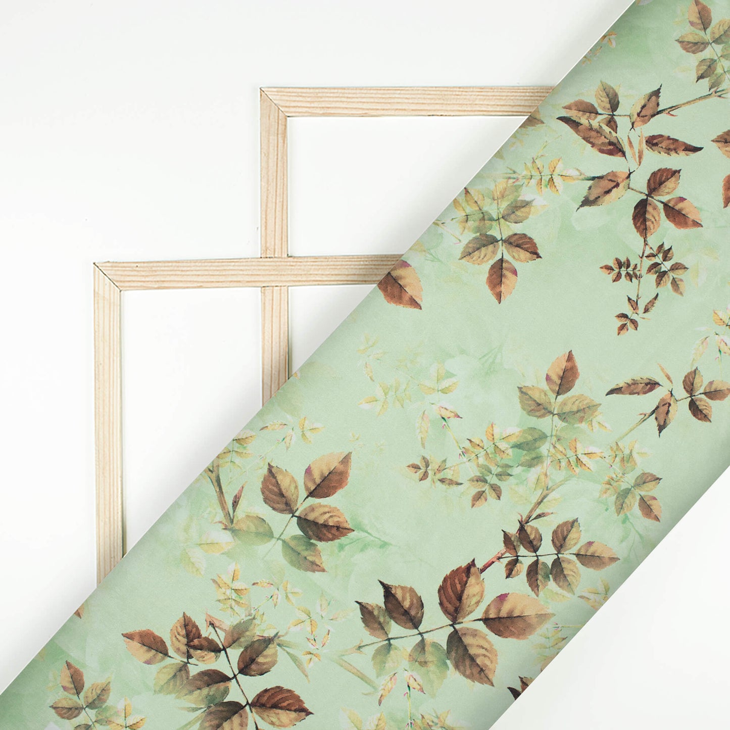 Tea Green And Brown Leaf Pattern Digital Print Crepe Silk Fabric