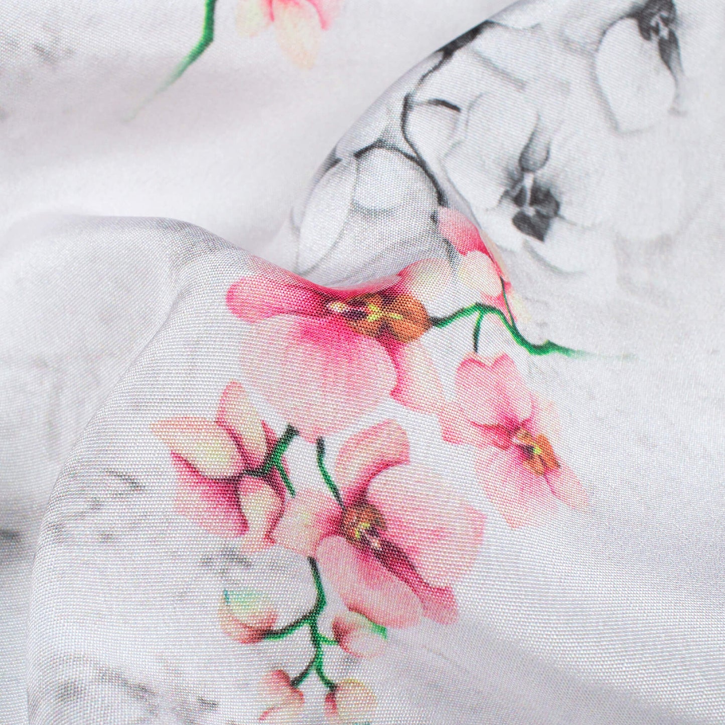 Off White And Taffy Pink Floral Pattern Digital Print Crepe Silk Fabric