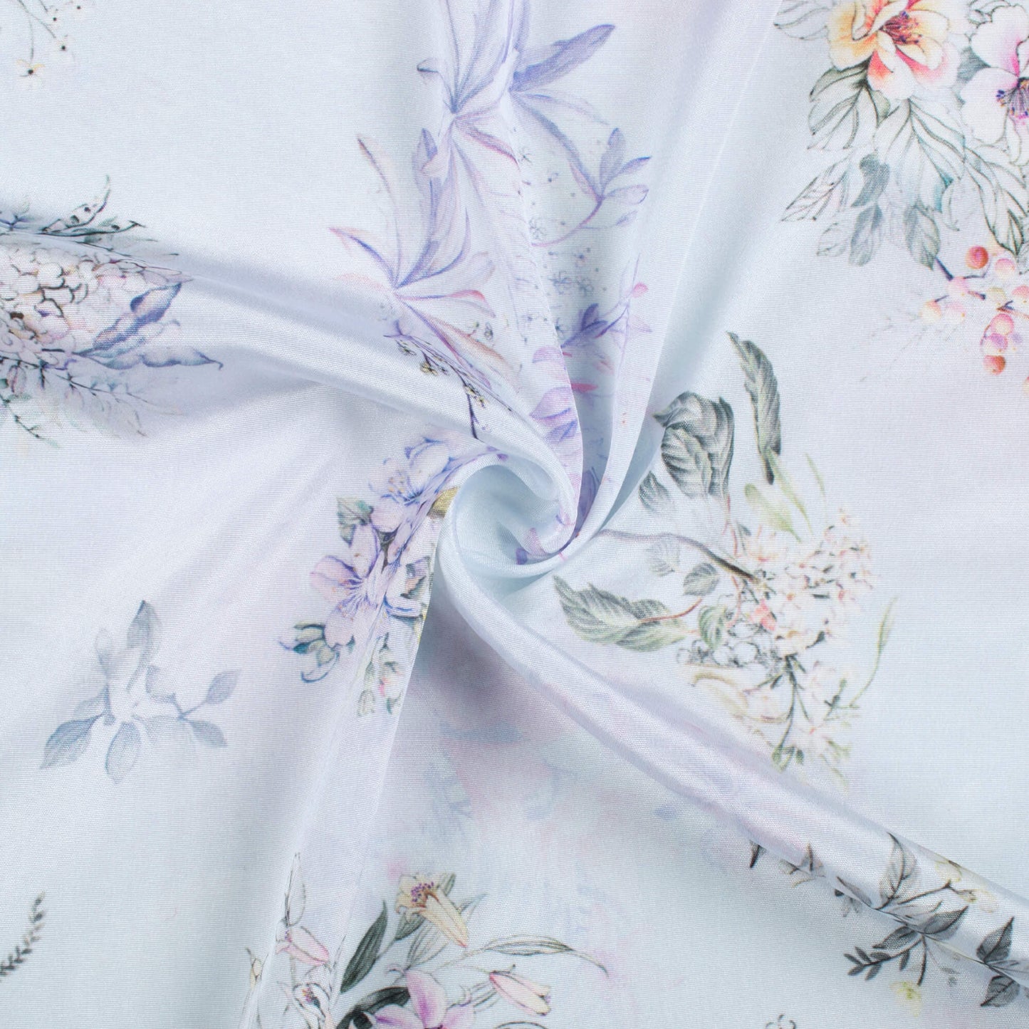 Snow White And Lavender Purple Floral Pattern Digital Print Crepe Silk Fabric