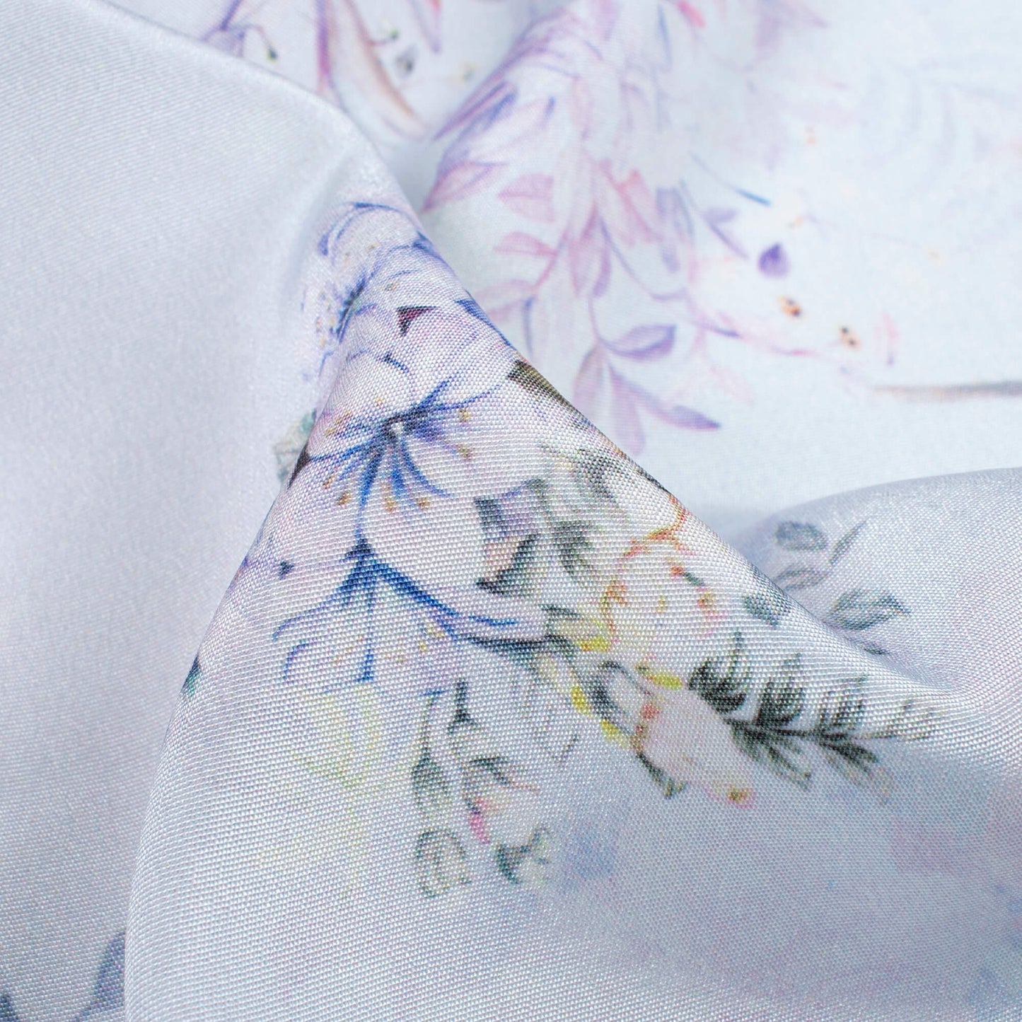 Snow White And Lavender Purple Floral Pattern Digital Print Crepe Silk Fabric