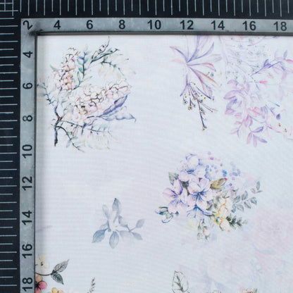 Snow White And Lavender Purple Floral Pattern Digital Print Crepe Silk Fabric