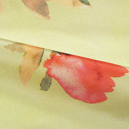 Lemon Yellow And Persian Red Floral Pattern Digital Print Crepe Silk Fabric