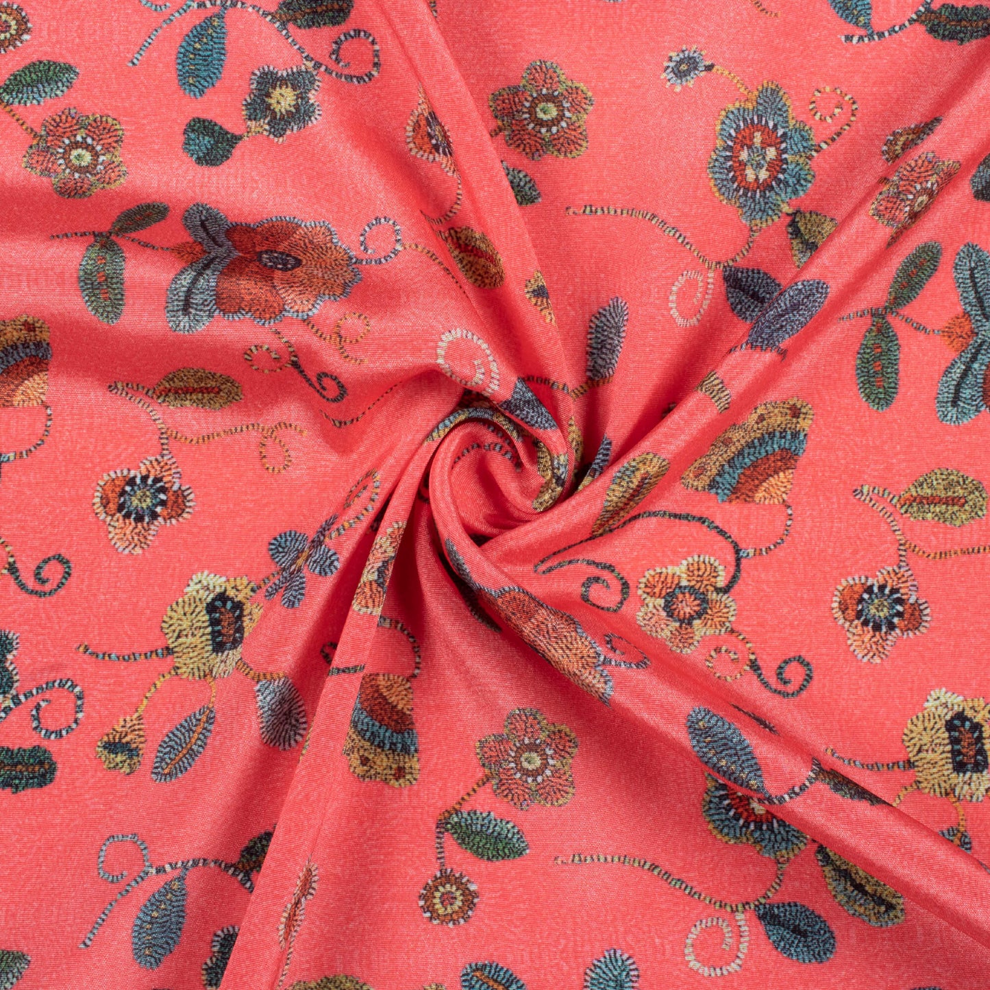 Blush Red And Deep Green Floral Pattern Digital Print Crepe Silk Fabric