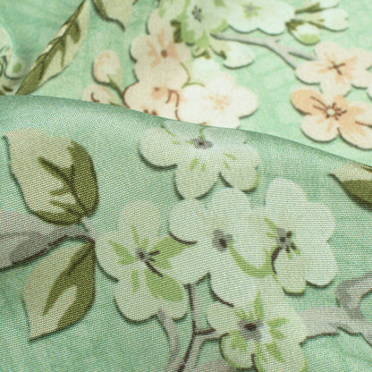 Pistachio Green And Peach Floral Pattern Digital Print Crepe Silk Fabric