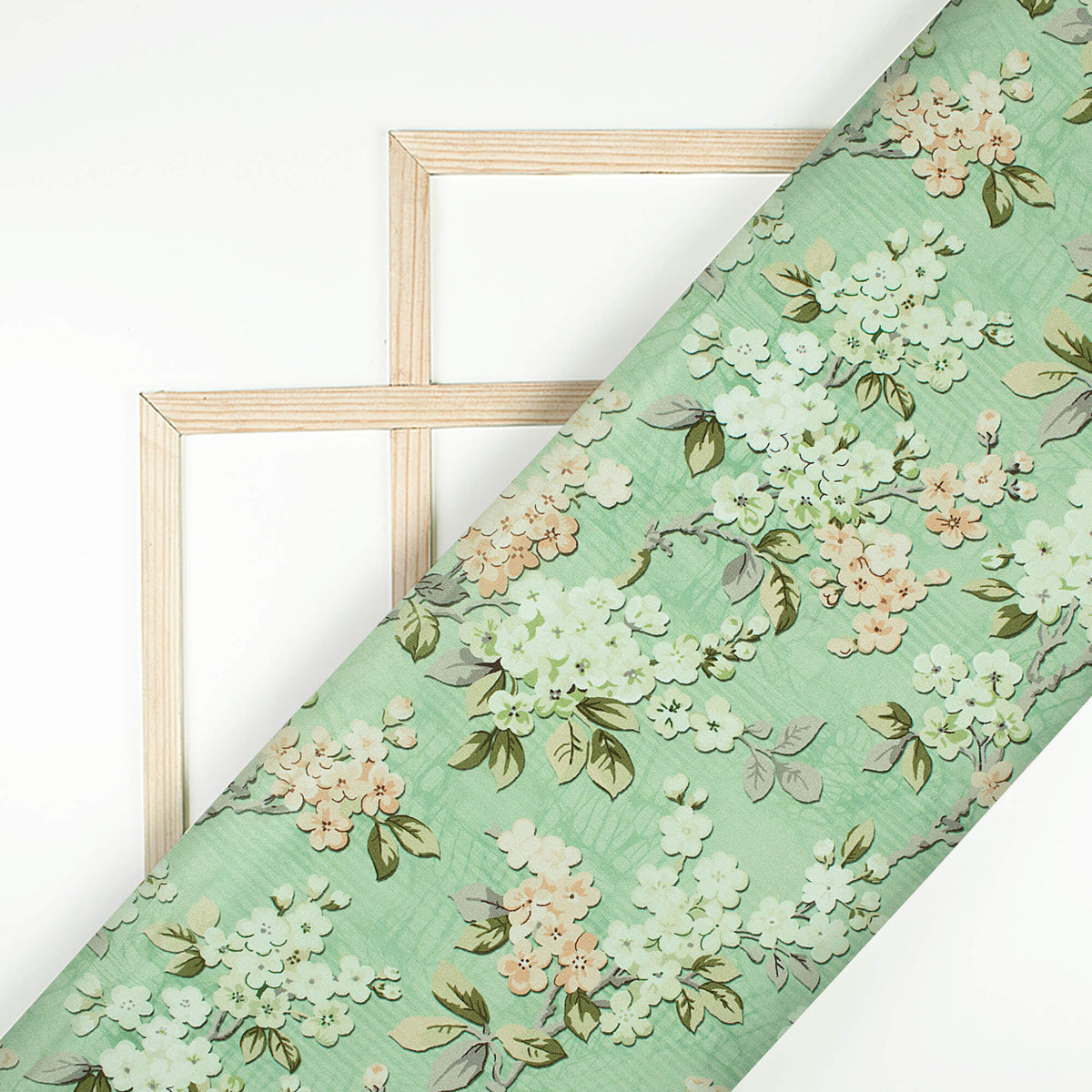 Pistachio Green And Peach Floral Pattern Digital Print Crepe Silk Fabric