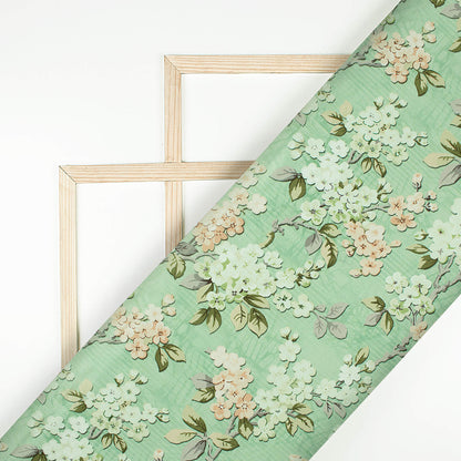 Pistachio Green And Peach Floral Pattern Digital Print Crepe Silk Fabric