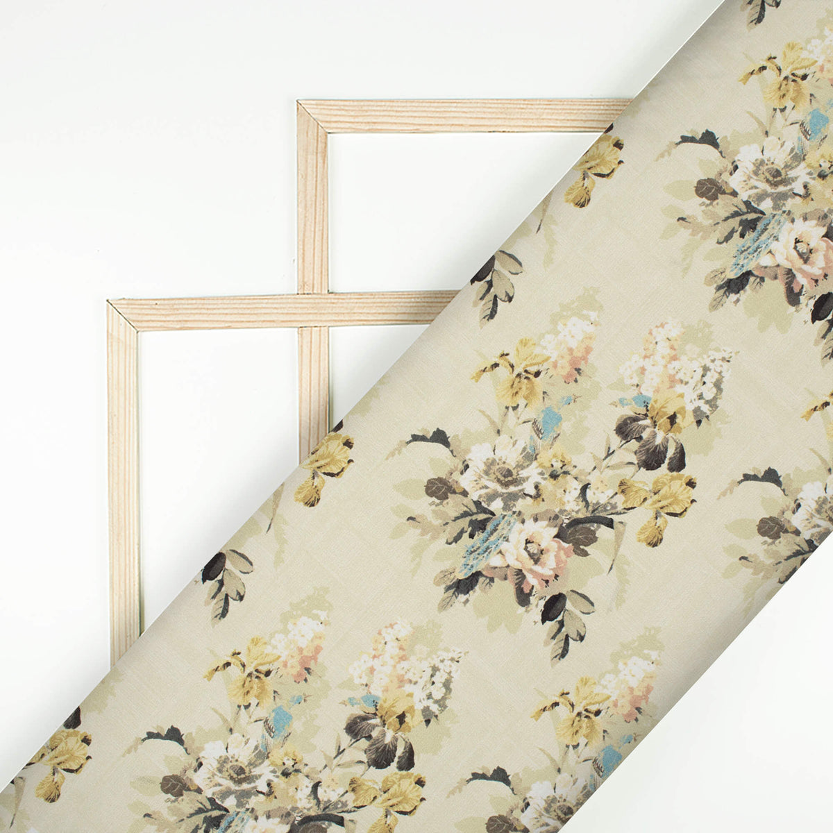 Beige And Flaxen Yellow Floral Pattern Digital Print Crepe Silk Fabric