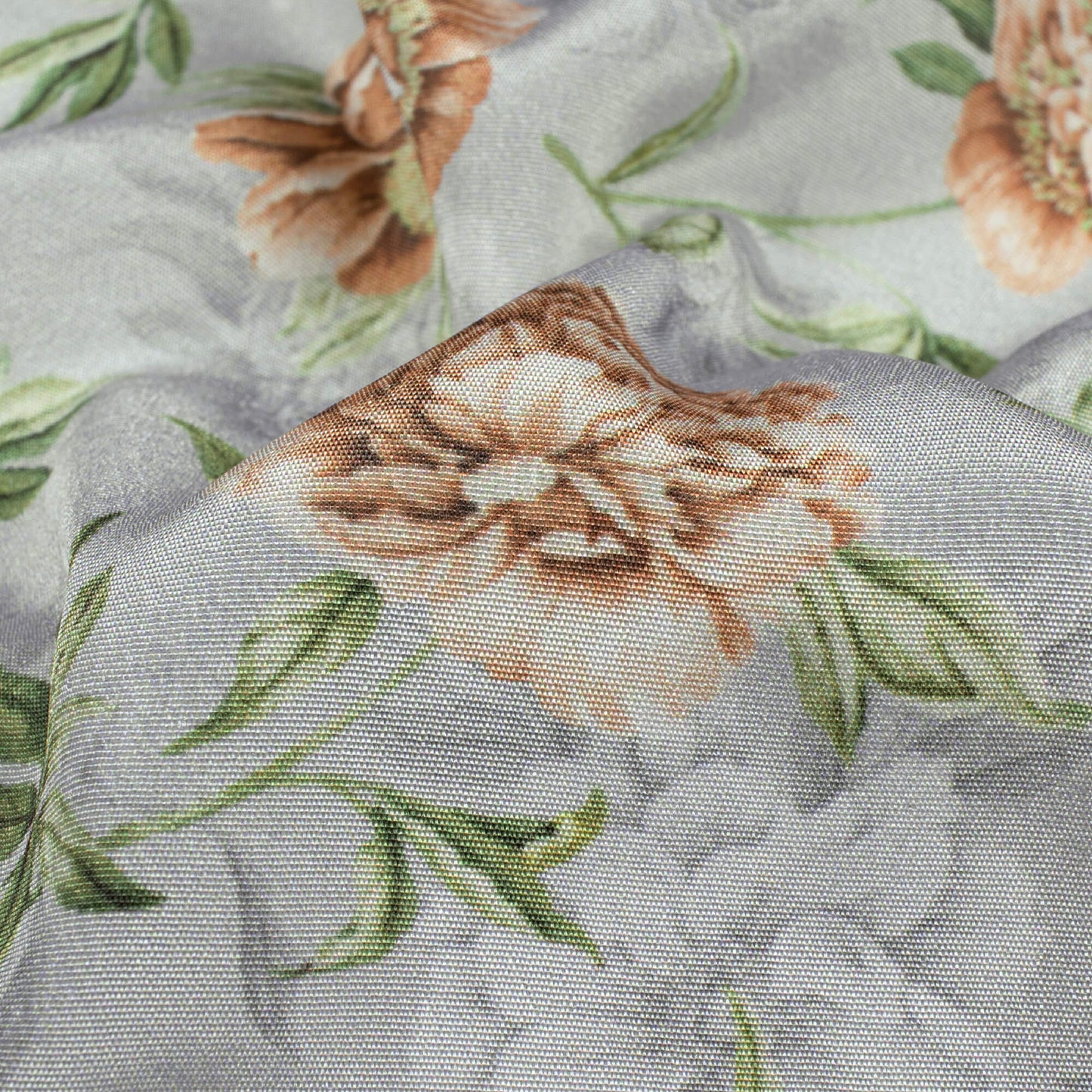 Dolphin Grey And Brown Floral Pattern Digital Print Crepe Silk Fabric