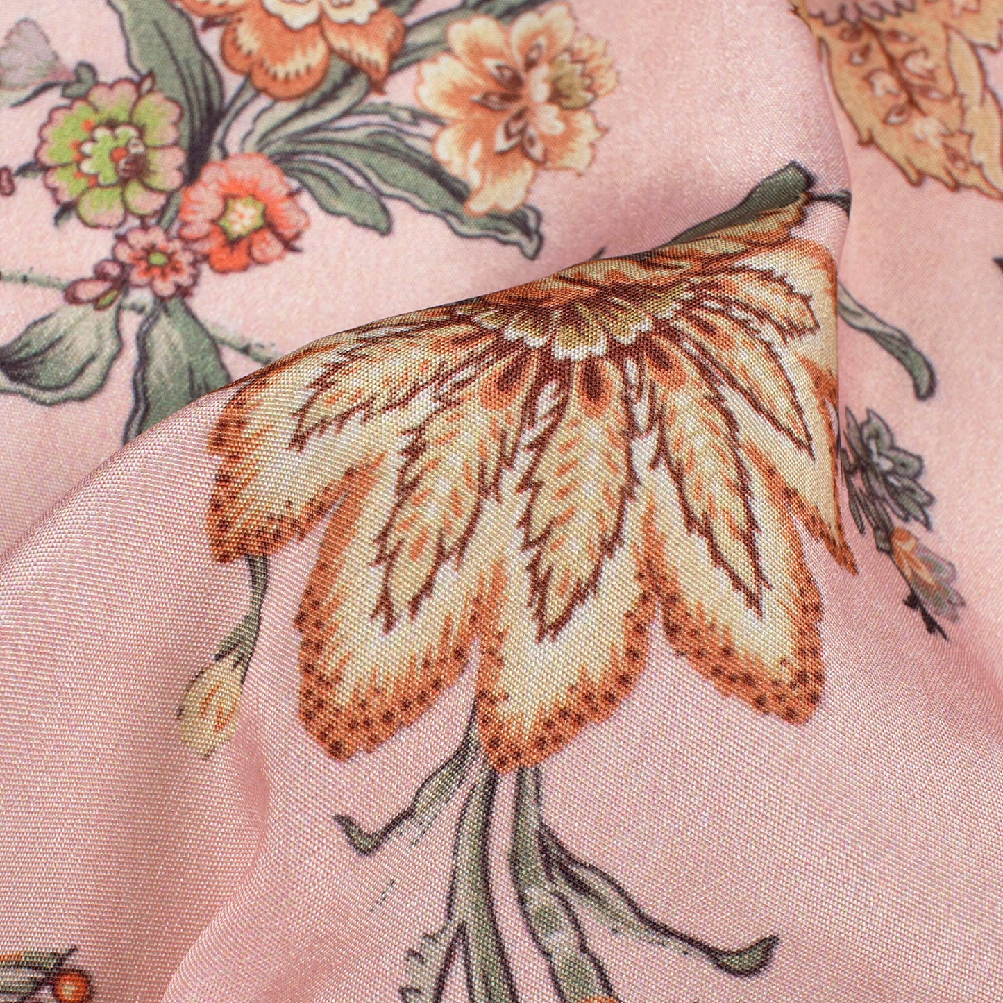 Pastel Pink And Orange Floral Pattern Digital Print Crepe Silk Fabric