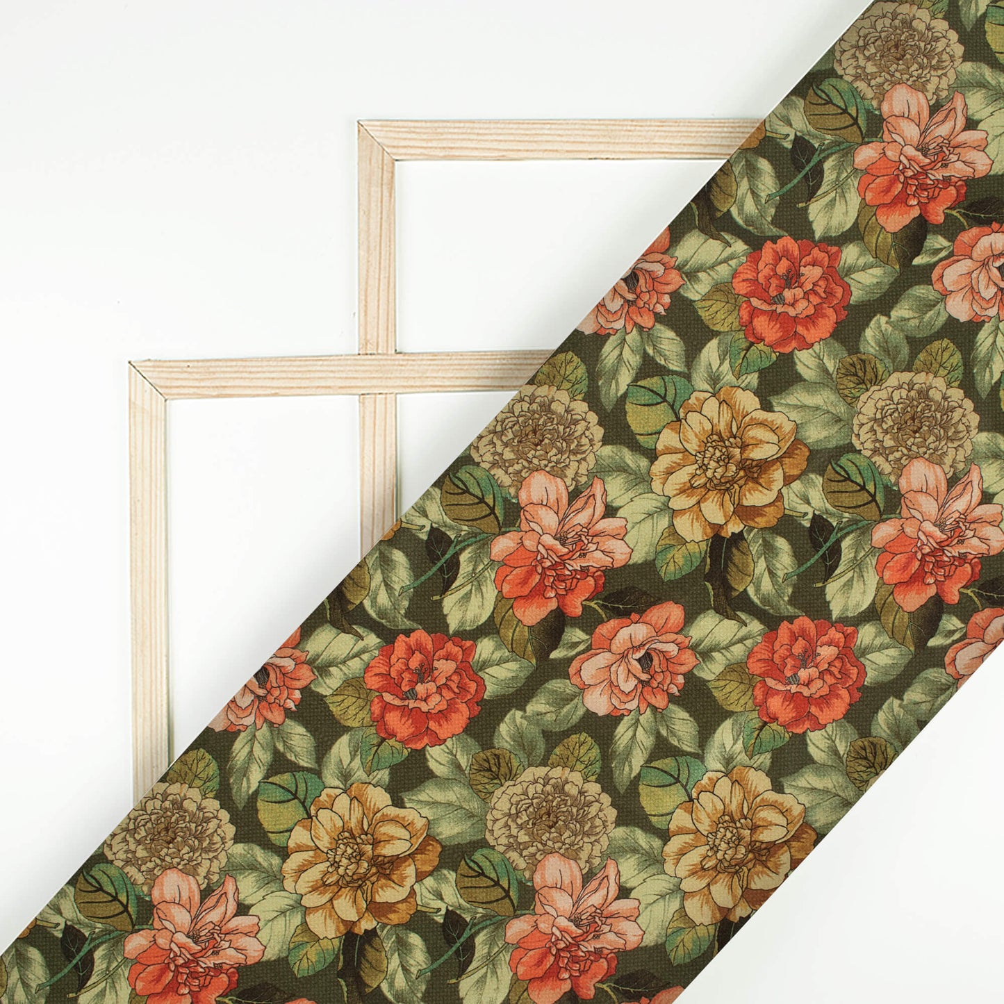 Olive Green And Red Floral Pattern Digital Print Crepe Silk Fabric