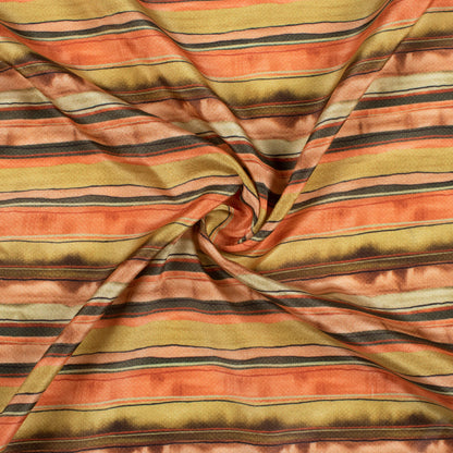 Dijon Yellow And Coral Peach Stripes Pattern Digital Print Crepe Silk Fabric