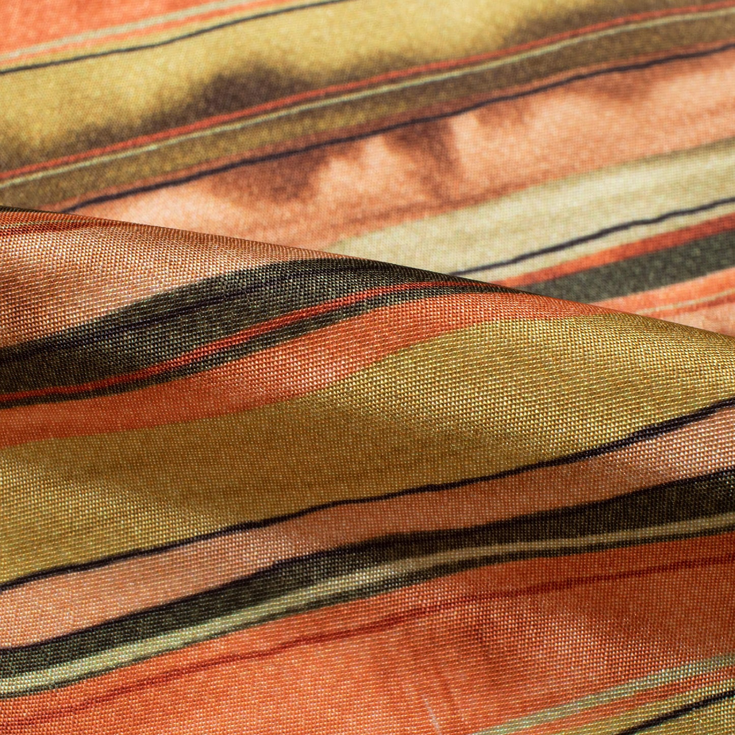 Dijon Yellow And Coral Peach Stripes Pattern Digital Print Crepe Silk Fabric