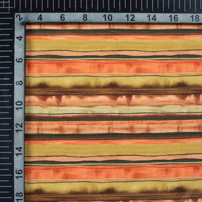 Dijon Yellow And Coral Peach Stripes Pattern Digital Print Crepe Silk Fabric