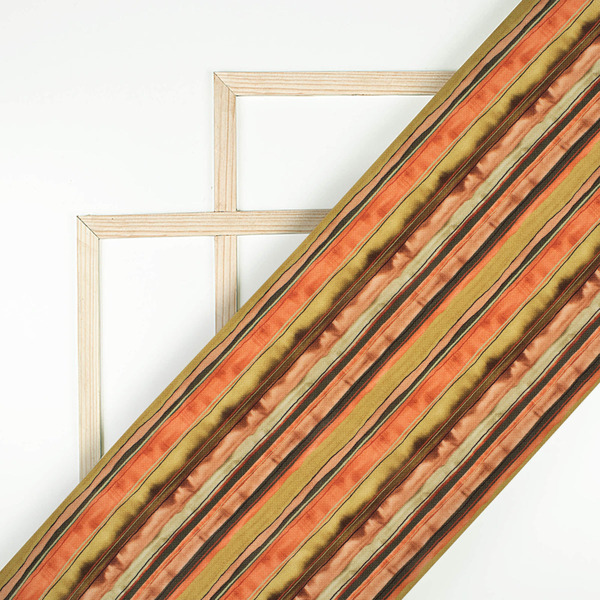 Dijon Yellow And Coral Peach Stripes Pattern Digital Print Crepe Silk Fabric