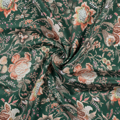 Forest Green And Peach Floral Pattern Digital Print Crepe Silk Fabric