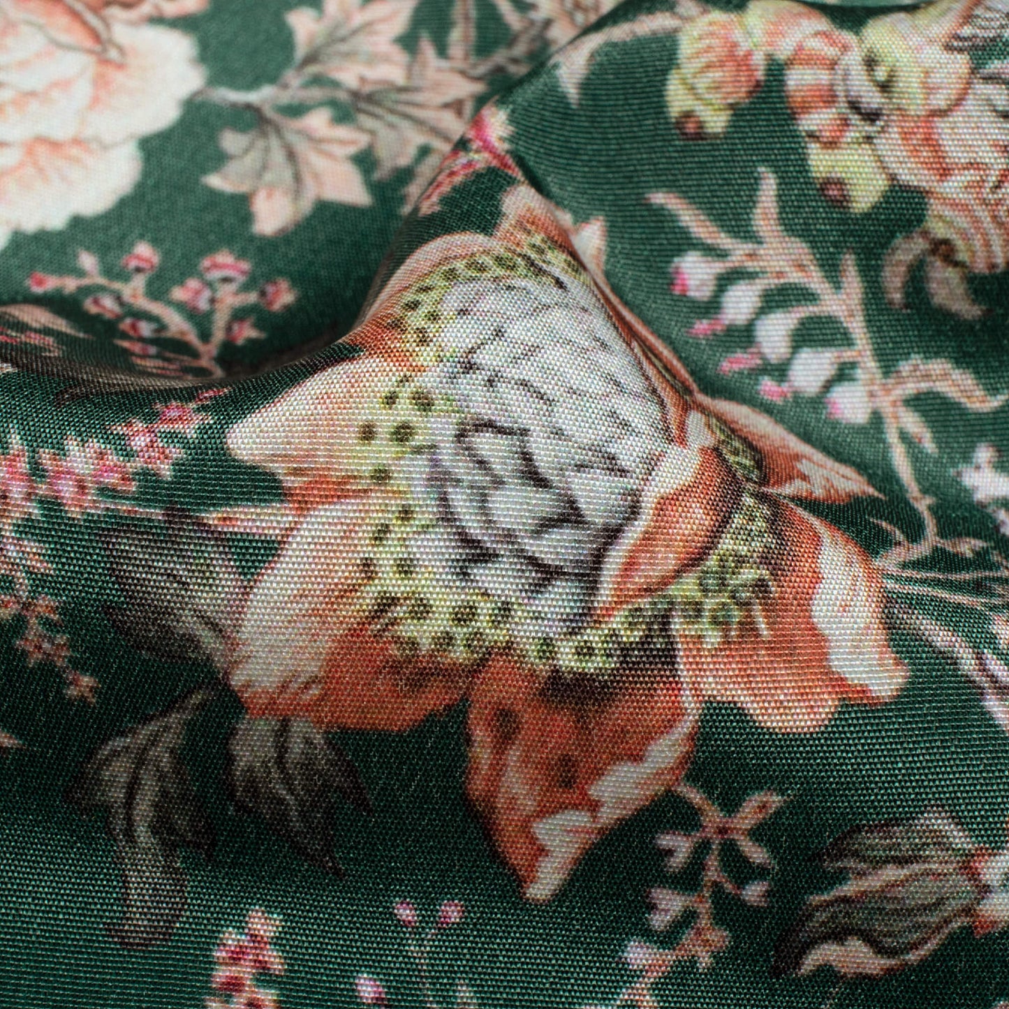 Forest Green And Peach Floral Pattern Digital Print Crepe Silk Fabric