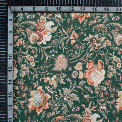 Forest Green And Peach Floral Pattern Digital Print Crepe Silk Fabric
