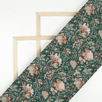 Forest Green And Peach Floral Pattern Digital Print Crepe Silk Fabric