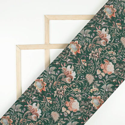 Forest Green And Peach Floral Pattern Digital Print Crepe Silk Fabric