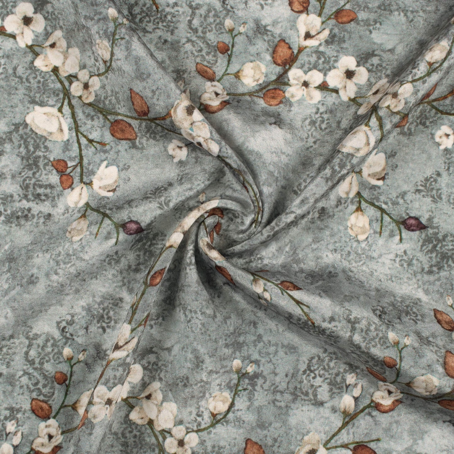 Slate Grey And Brown Floral Pattern Digital Print Crepe Silk Fabric