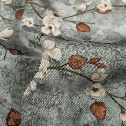Slate Grey And Brown Floral Pattern Digital Print Crepe Silk Fabric