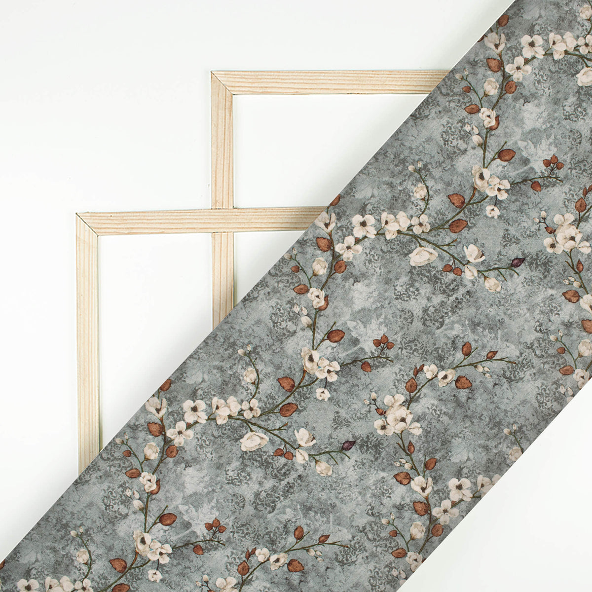 Slate Grey And Brown Floral Pattern Digital Print Crepe Silk Fabric