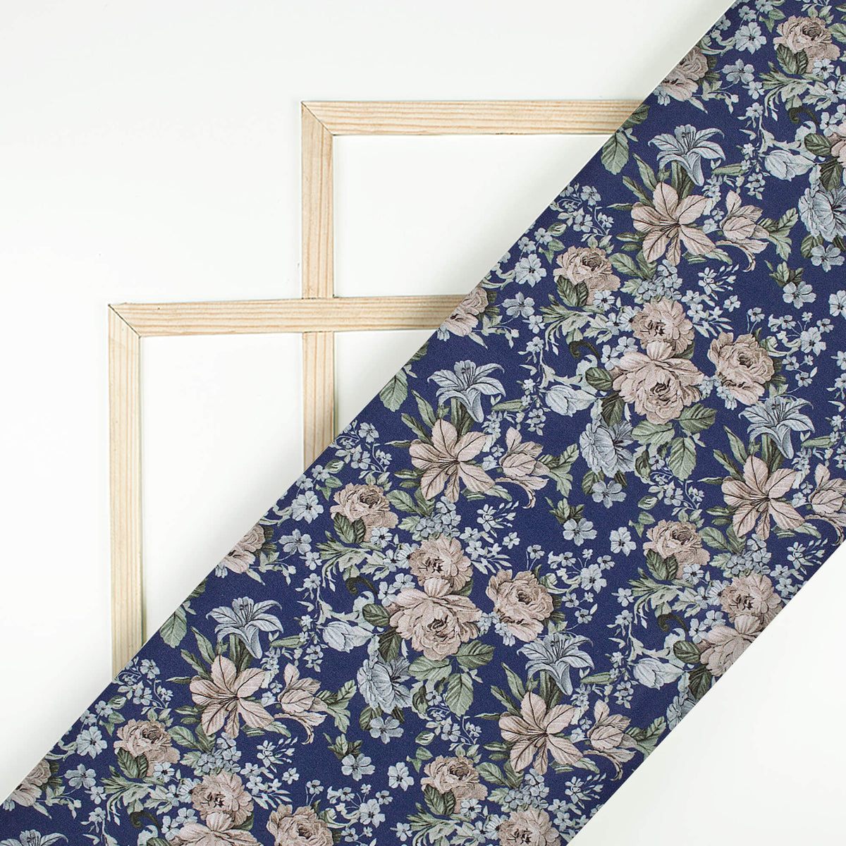 Navy Blue And Fawn Beige Floral Pattern Digital Print Crepe Silk Fabric