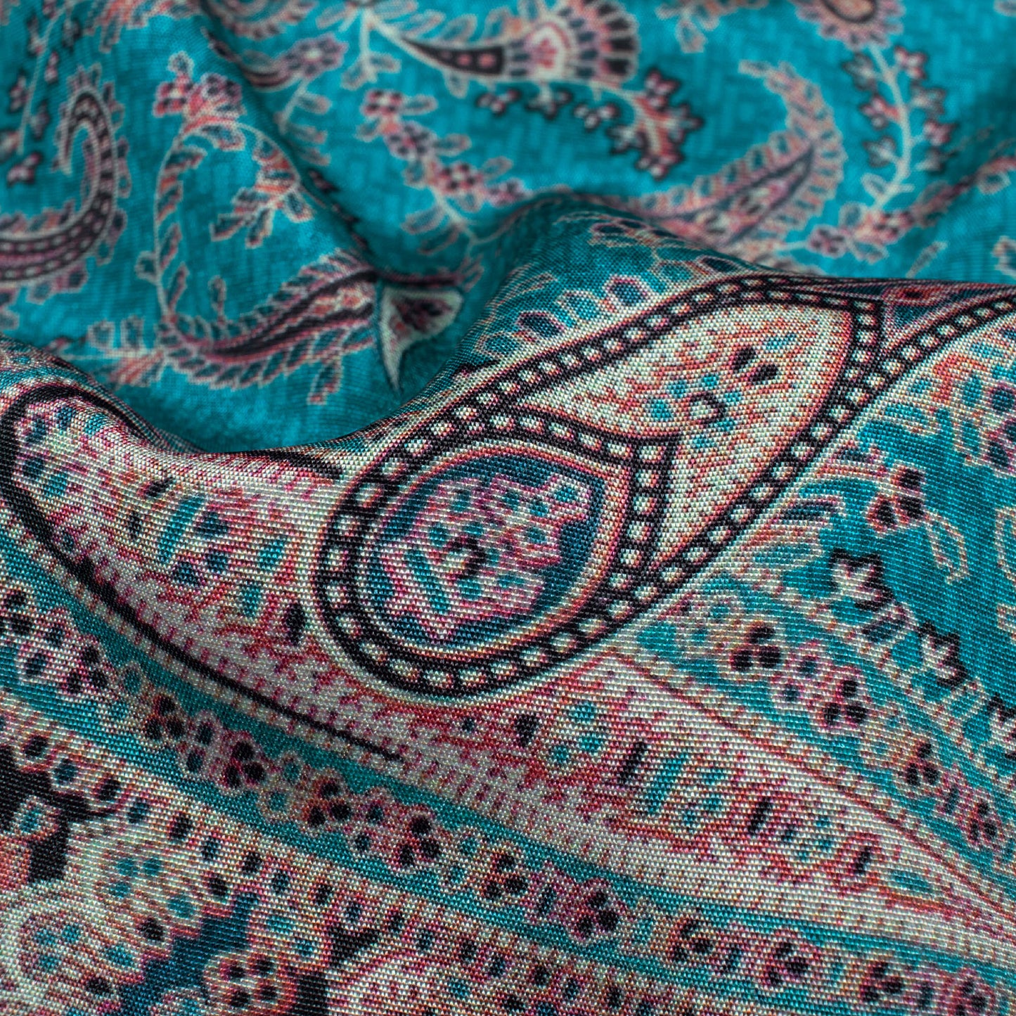 Teal Blue And Maroon Ethnic Pattern Digital Print Crepe Silk Fabric