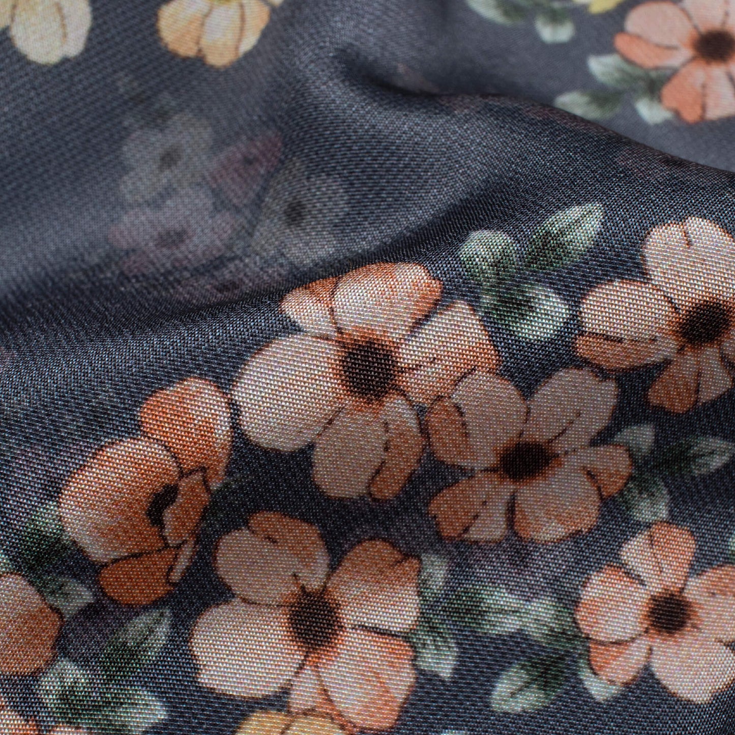 Dark Grey And Peach Floral Pattern Digital Print Crepe Silk Fabric