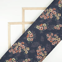 Dark Grey And Peach Floral Pattern Digital Print Crepe Silk Fabric