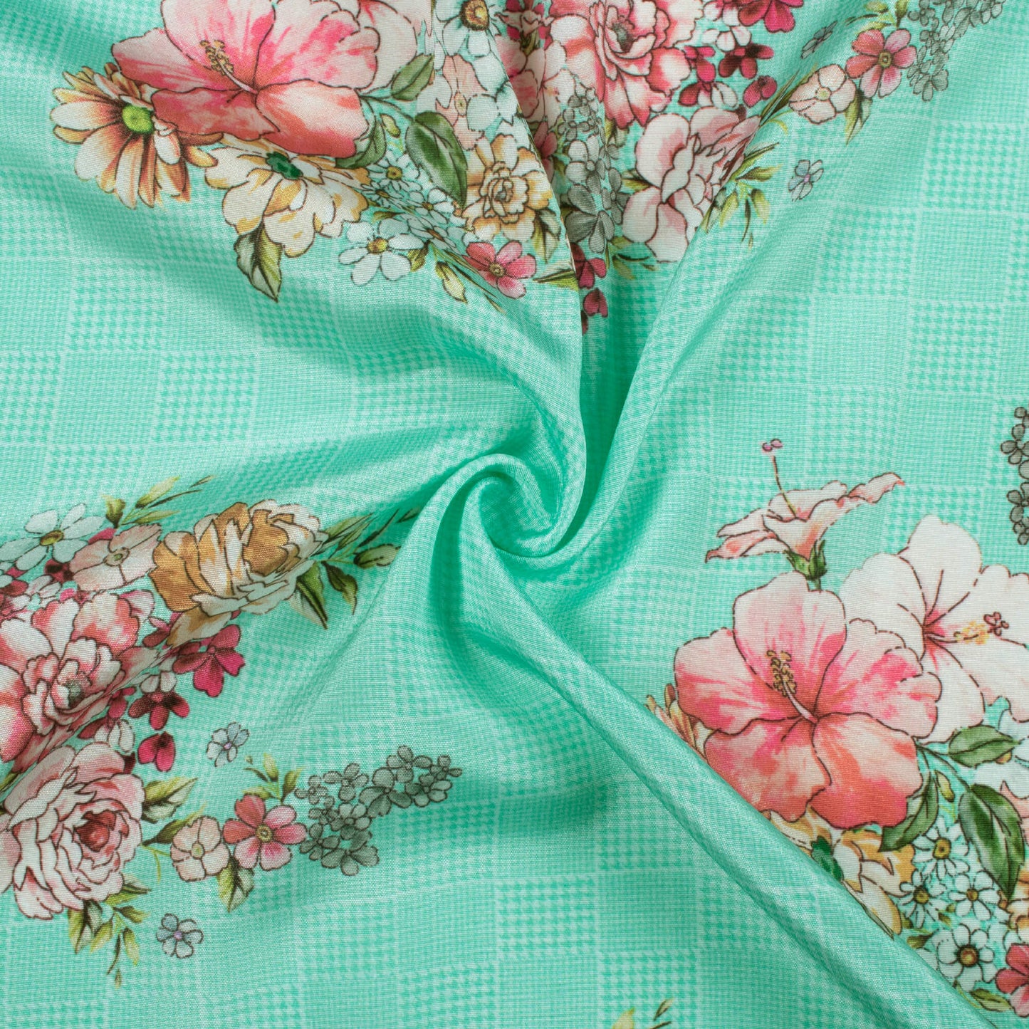 Turquoise Blue And Pink Floral Pattern Digital Print Crepe Silk Fabric