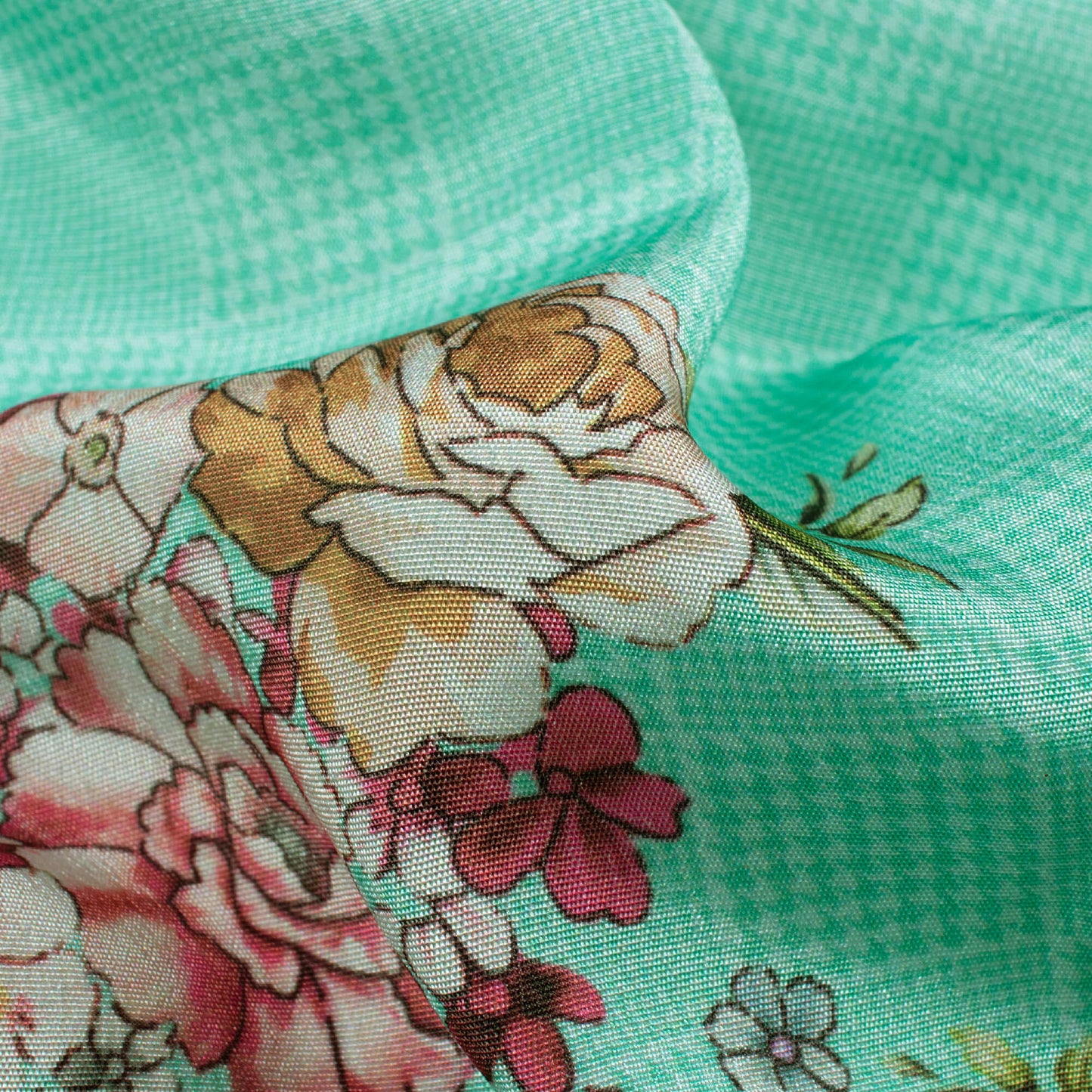 Turquoise Blue And Pink Floral Pattern Digital Print Crepe Silk Fabric