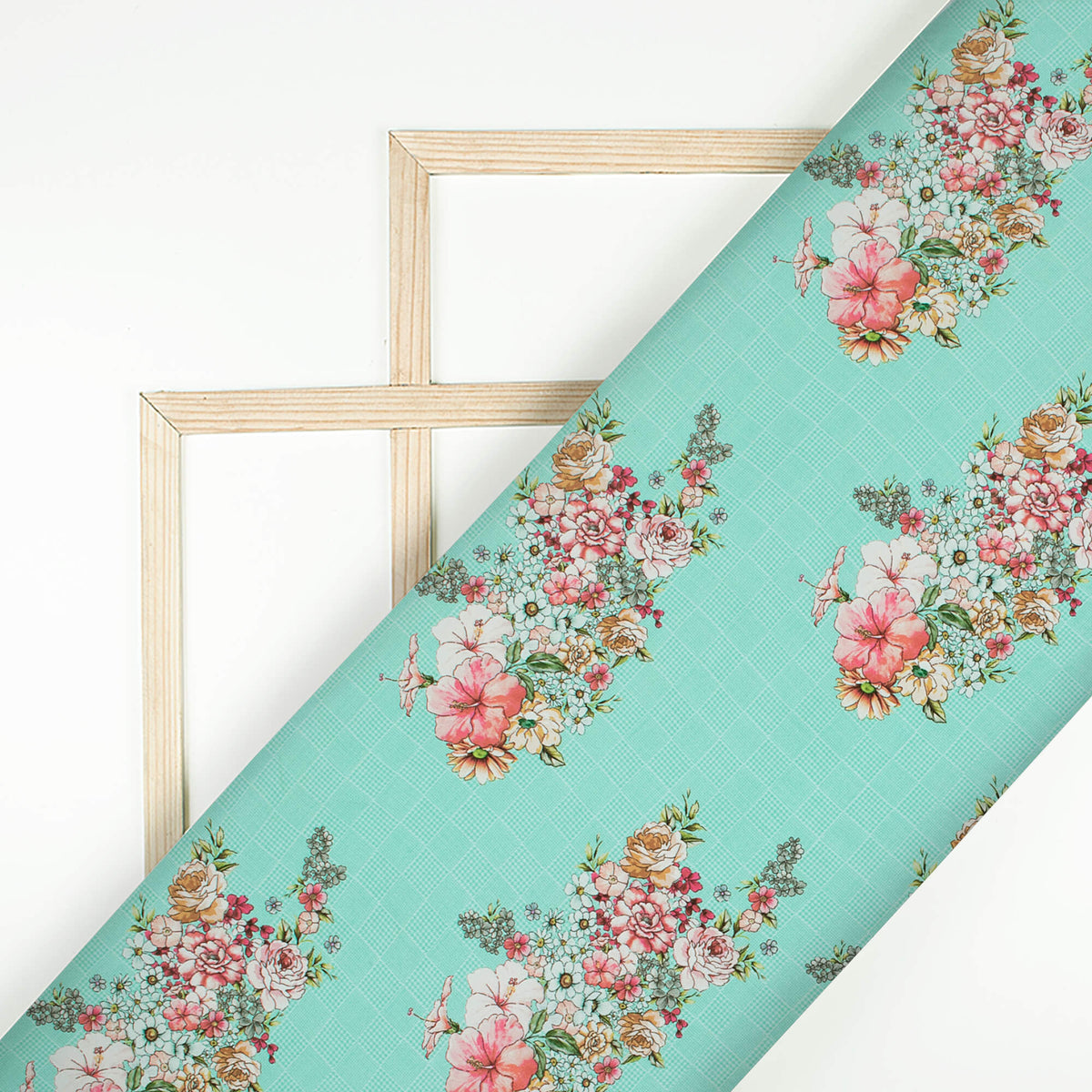 Turquoise Blue And Pink Floral Pattern Digital Print Crepe Silk Fabric