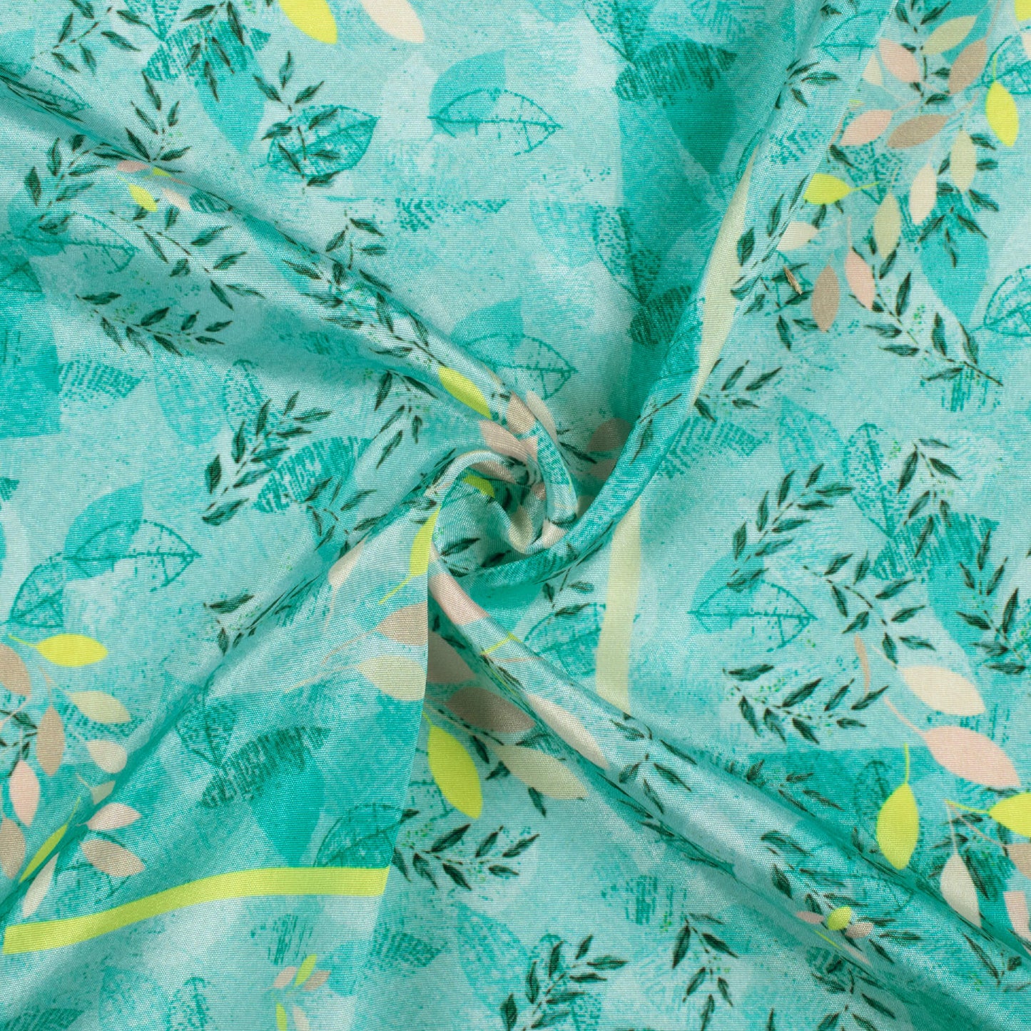 Pine Green And Lemon Yellow Leaf Pattern Digital Print Crepe Silk Fabric