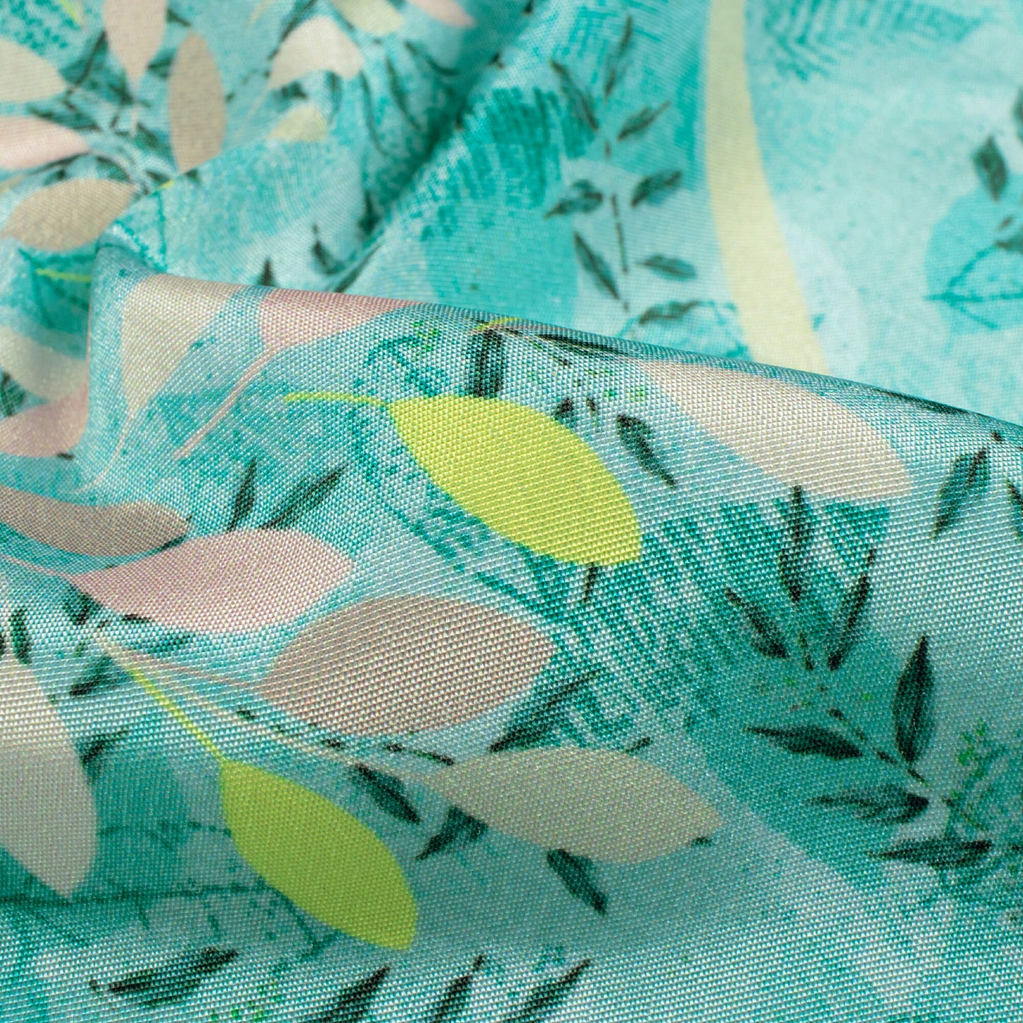 Pine Green And Lemon Yellow Leaf Pattern Digital Print Crepe Silk Fabric