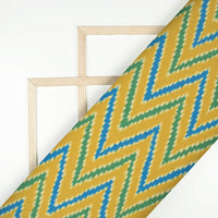 Mustard Yellow And Blue Chevron Pattern Digital Print Georgette Fabric