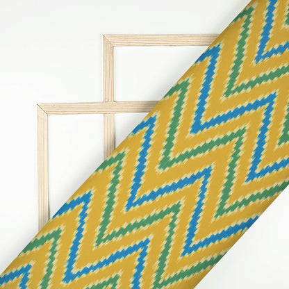Mustard Yellow And Blue Chevron Pattern Digital Print Georgette Fabric