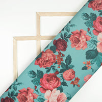 Tiffany Blue And Red Floral Pattern Digital Print Georgette Fabric