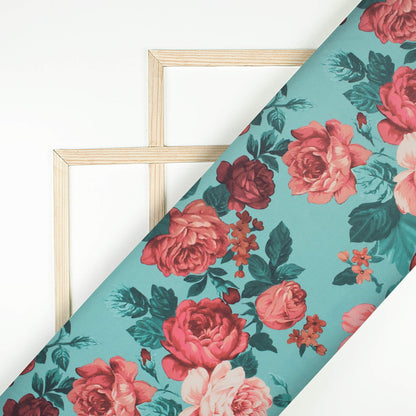 Tiffany Blue And Red Floral Pattern Digital Print Georgette Fabric
