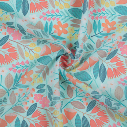 Baby Blue And Indian Red Floral Pattern Digital Print Georgette Fabric