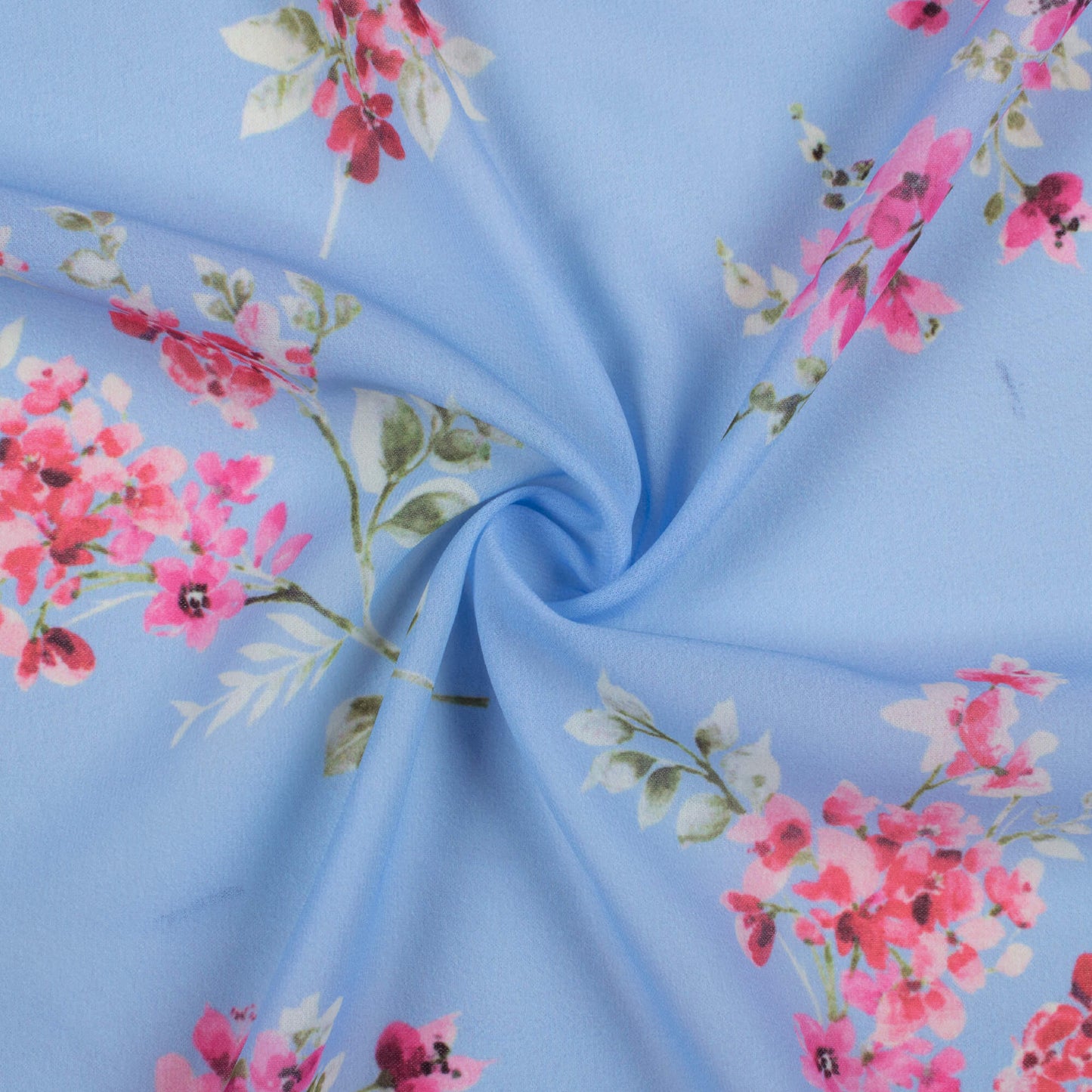 Cornflower Blue And Pink Floral Pattern Digital Print Georgette Fabric