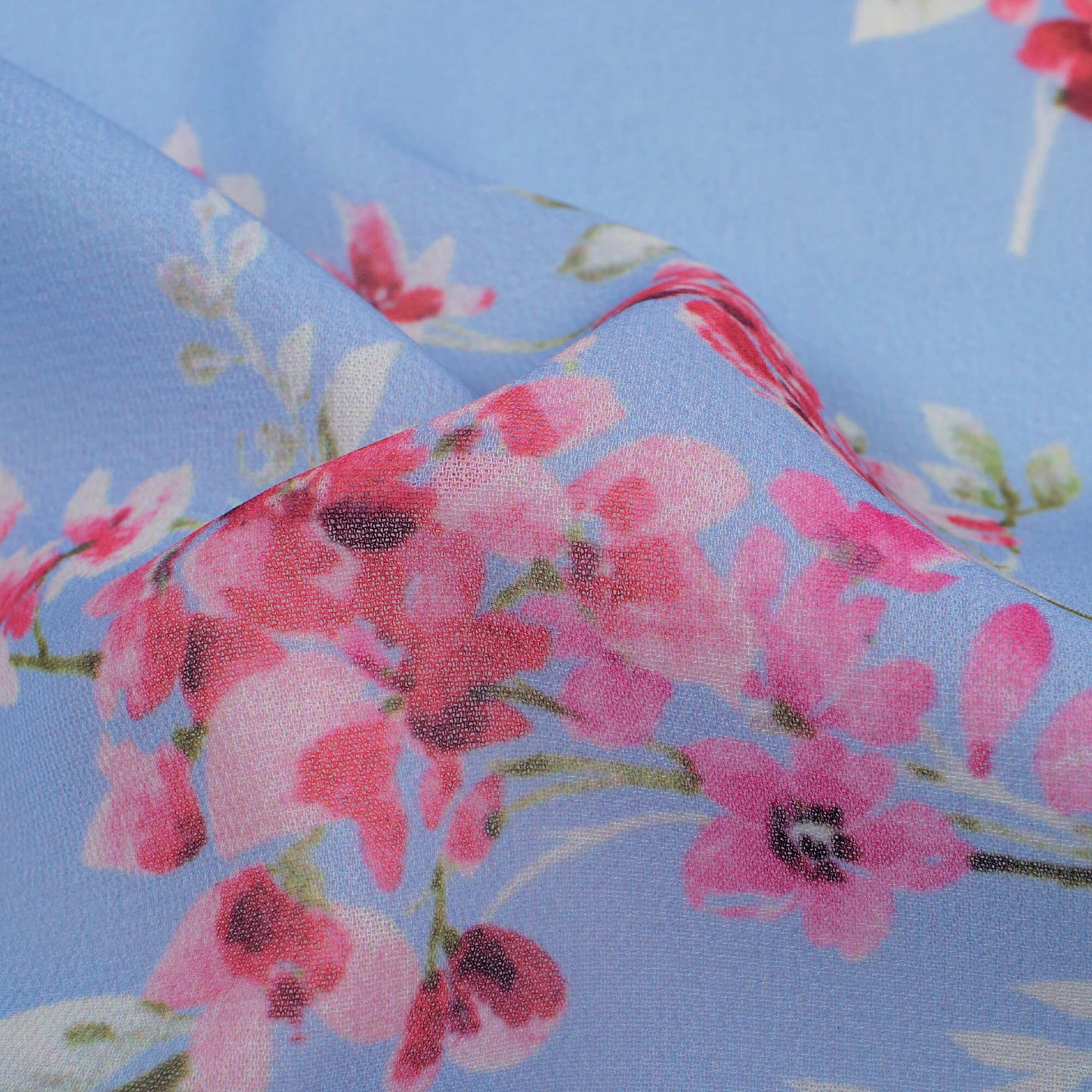 Cornflower Blue And Pink Floral Pattern Digital Print Georgette Fabric