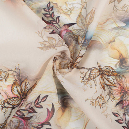 Oat Beige And Brown Floral Pattern Digital Print Georgette Fabric
