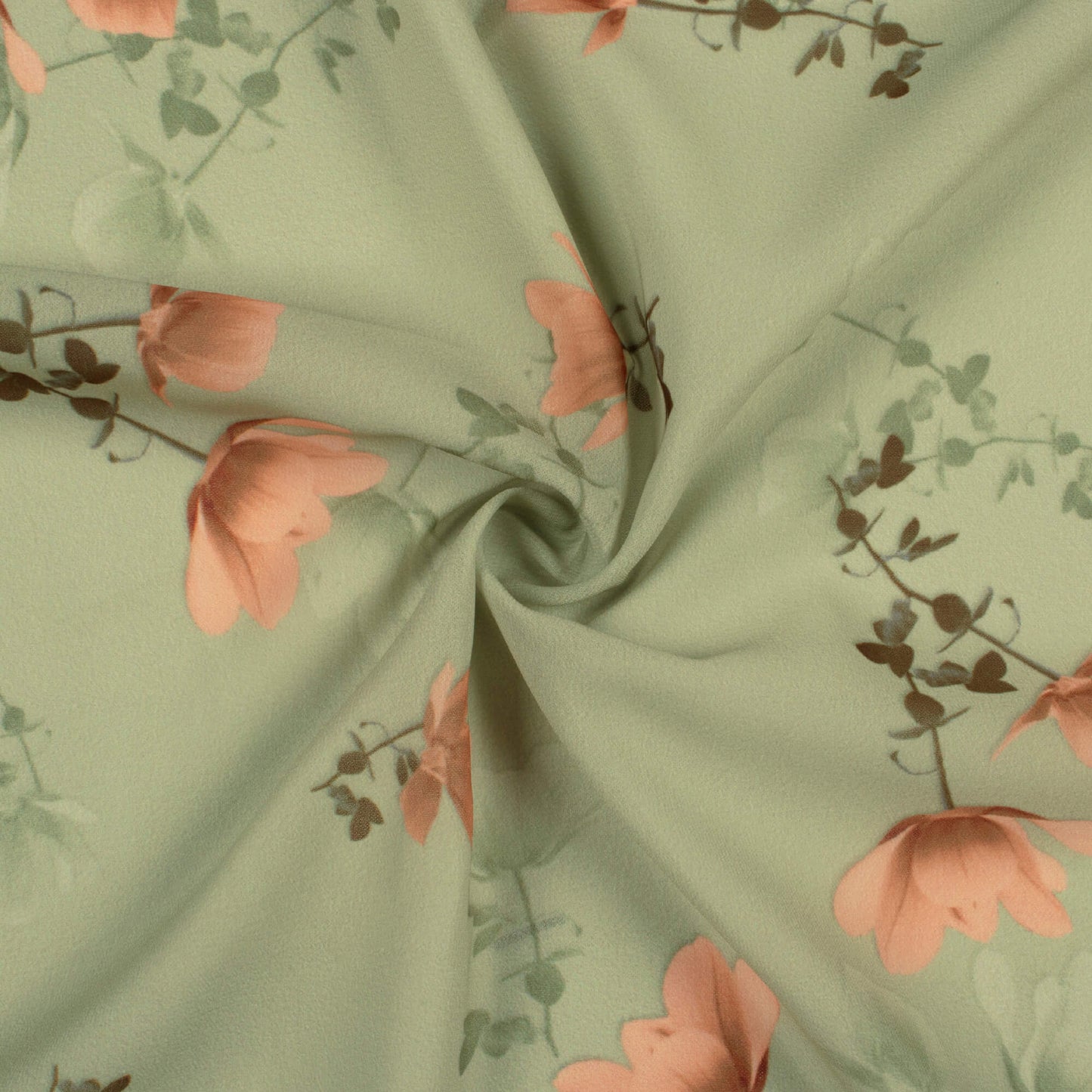 Moss Green And Peach Floral Pattern Digital Print Georgette Fabric