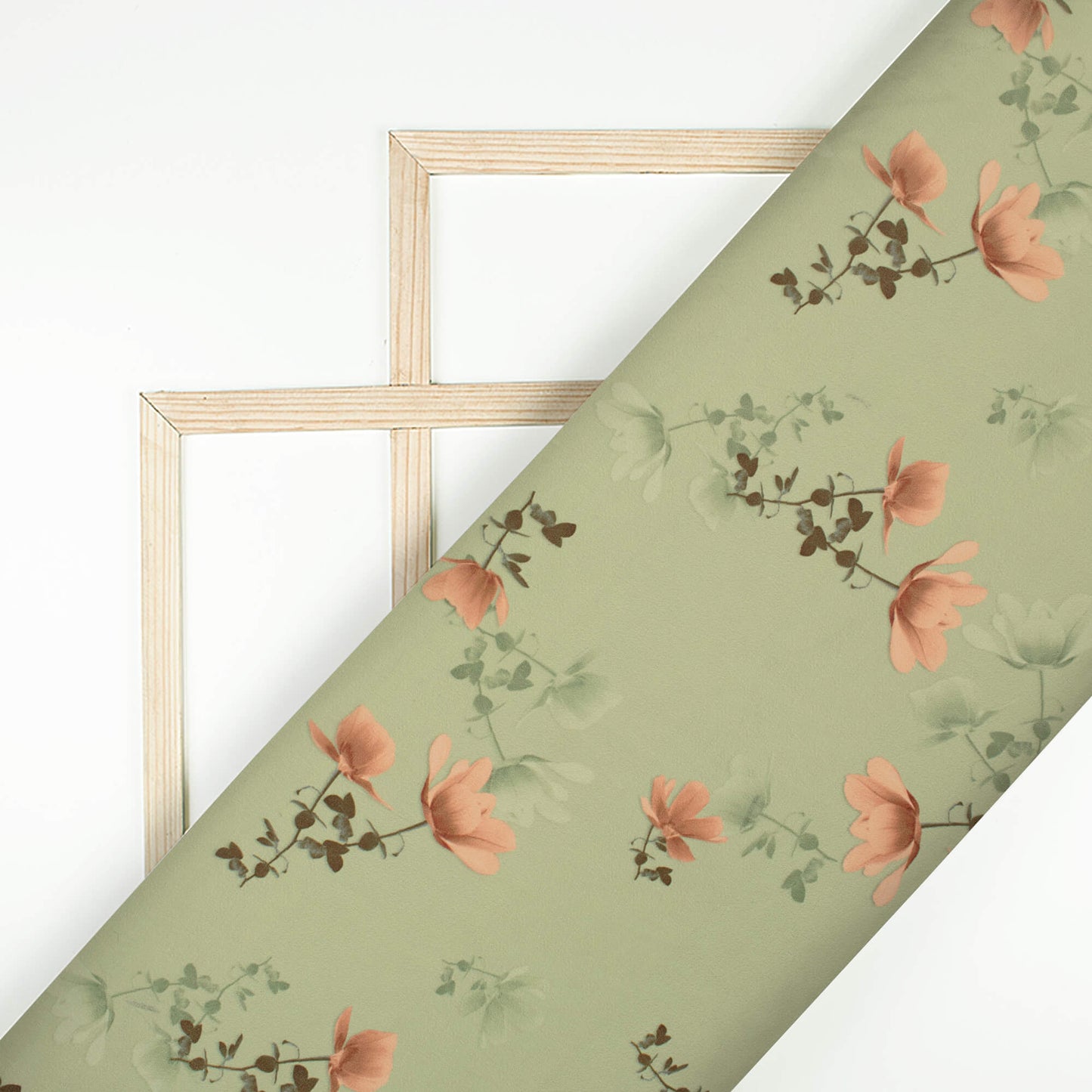 Moss Green And Peach Floral Pattern Digital Print Georgette Fabric