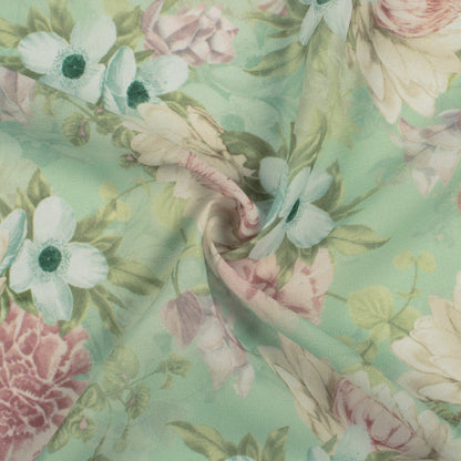Swamp Green And Pink Floral Pattern Digital Print Georgette Fabric