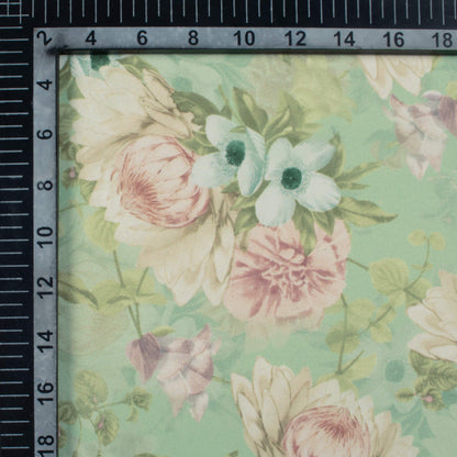 Swamp Green And Pink Floral Pattern Digital Print Georgette Fabric