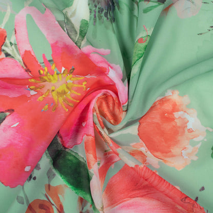Mint Green And Red Floral Pattern Digital Print Georgette Fabric
