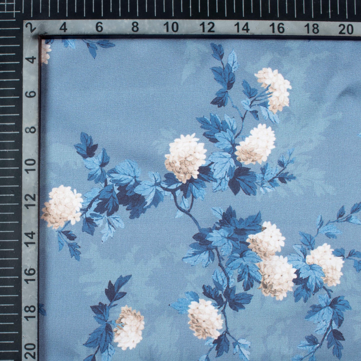 Slate Blue And Off White Floral Pattern Digital Print Japan Satin Fabric
