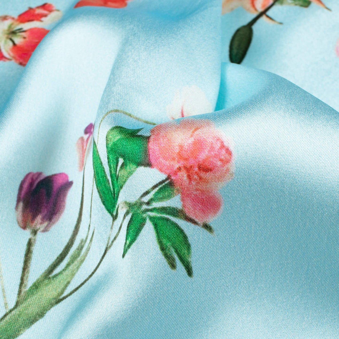 Baby Blue And Red Floral Pattern Digital Print Japan Satin Fabric